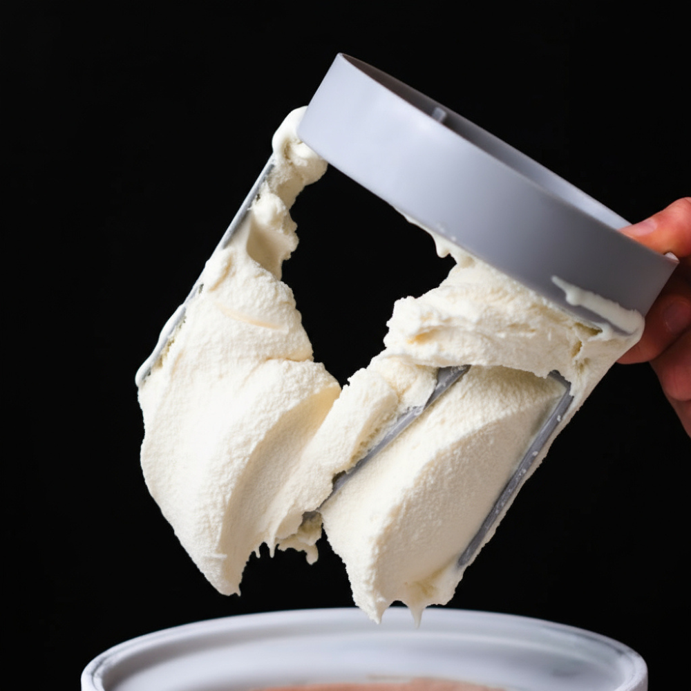 Freshly churned Fior di Latte ice cream made with xanthan gum, showing a smooth, stable texture on the ice cream maker dasher.