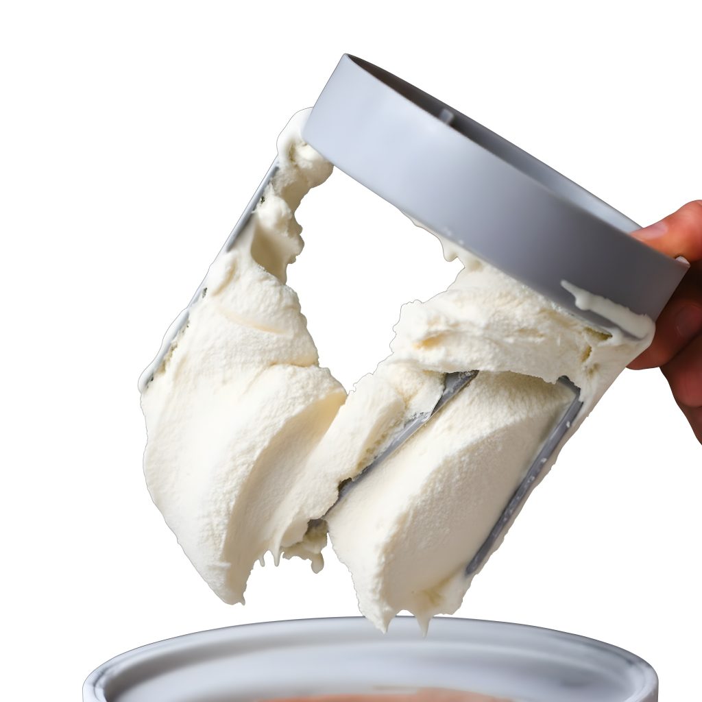 Classic vanilla ice cream with xanthan gum being scooped from a tub, showing a smooth, creamy texture.