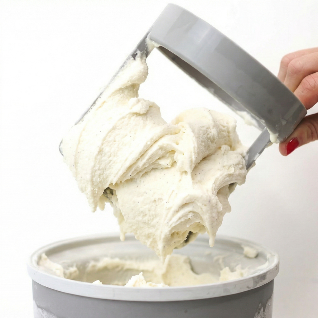 Freshly churned Vanilla Bean ice cream made with xanthan gum, showing a smooth, stable texture on the ice cream maker dasher.