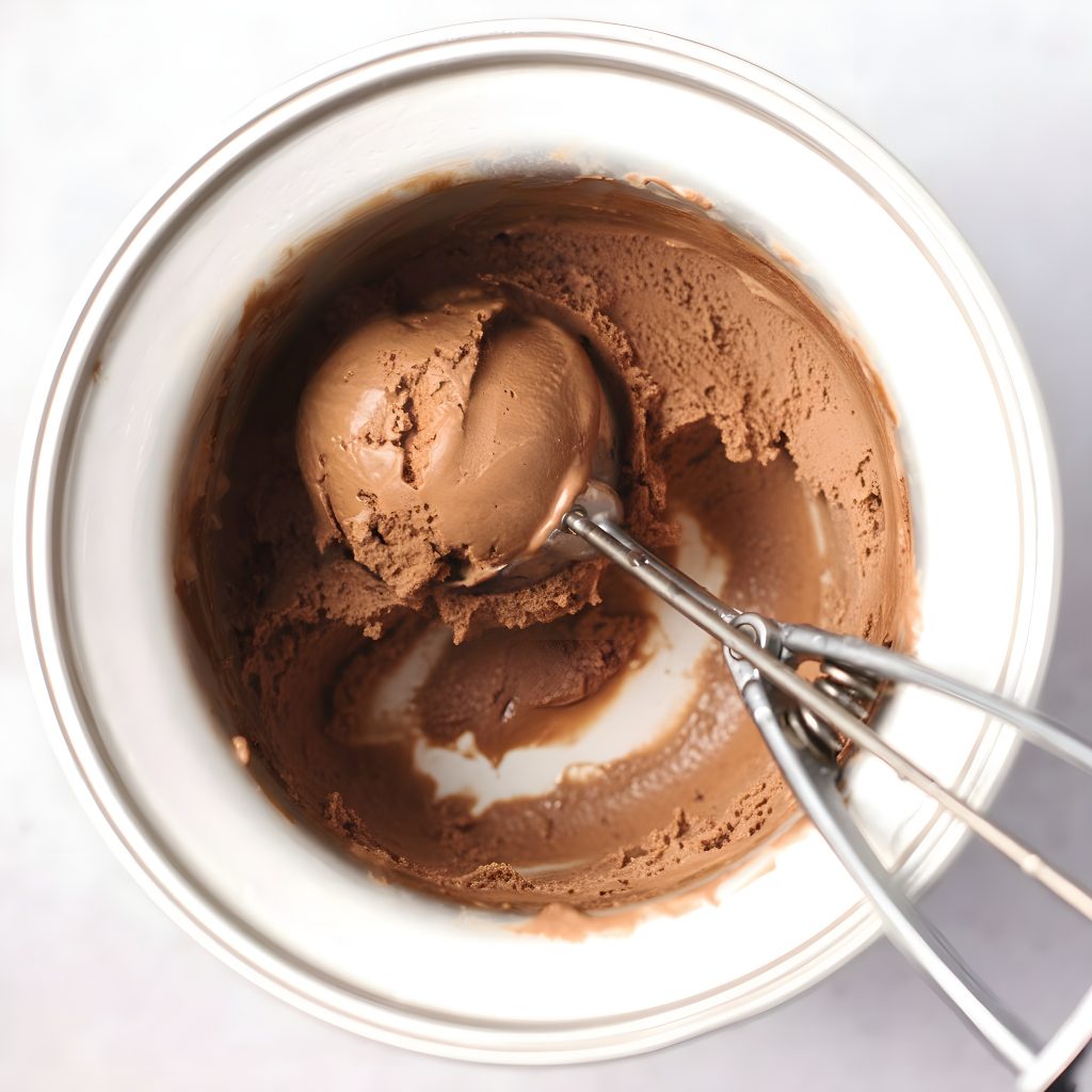 Cocoa ice cream made with egg yolks being scooped from a white container with a metal ice cream scoop.
