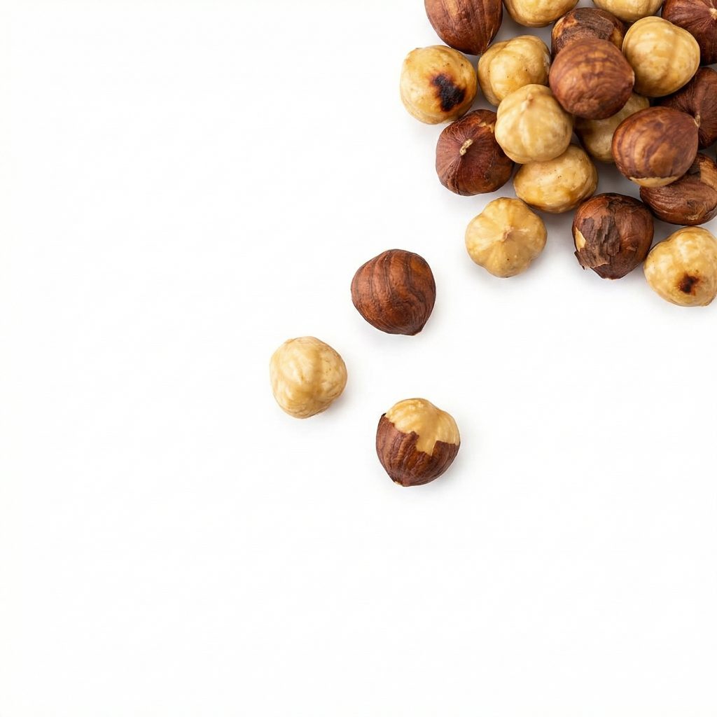 Whole hazelnuts with and without skins on a white background.