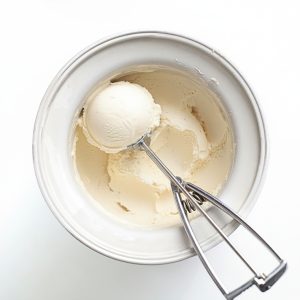 White chocolate ice cream made with egg yolks, shown in a container with a metal ice cream scoop from above.